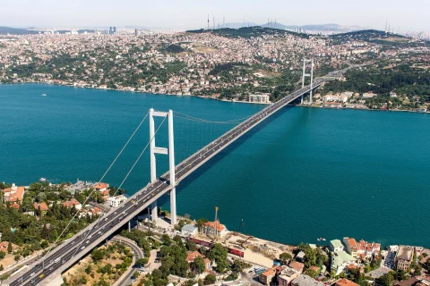 Helicopter view of the Bosphorus Bridge.